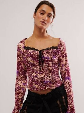 Free People Layer It On Me Floral Ruched Lace Long-Sleeve Boho Scrunched Top